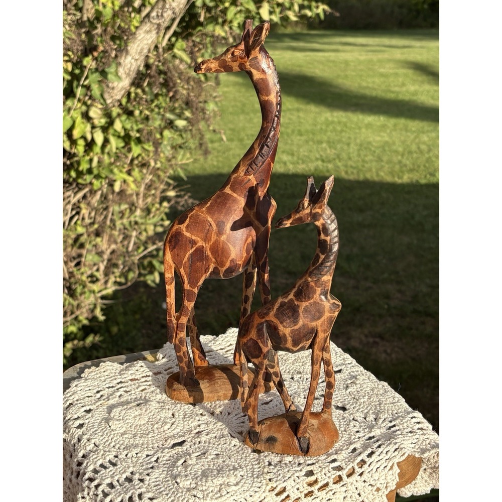 Two Hand Carved & Painted Wood Giraffes Wooden Sculpture